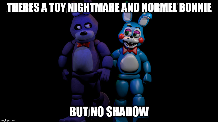 THERES A TOY NIGHTMARE AND NORMEL BONNIE; BUT NO SHADOW | image tagged in memes | made w/ Imgflip meme maker