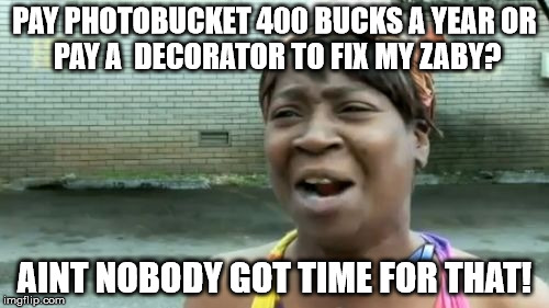 Ain't Nobody Got Time For That Meme | PAY PHOTOBUCKET 400 BUCKS A YEAR
OR PAY A 
DECORATOR TO FIX MY ZABY? AINT NOBODY GOT TIME FOR THAT! | image tagged in memes,aint nobody got time for that | made w/ Imgflip meme maker