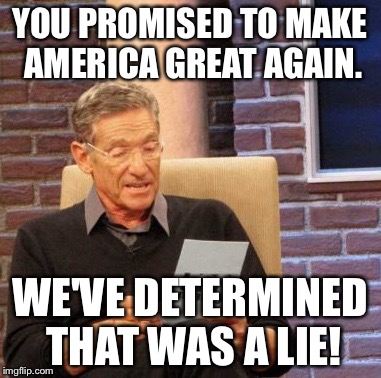 Maury Lie Detector Meme | YOU PROMISED TO MAKE AMERICA GREAT AGAIN. WE'VE DETERMINED THAT WAS A LIE! | image tagged in memes,maury lie detector | made w/ Imgflip meme maker