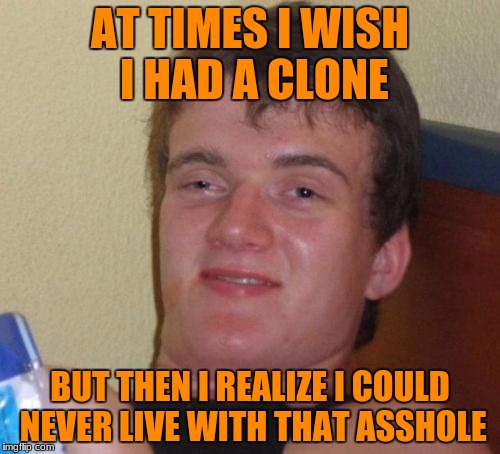 10 Guy Meme | AT TIMES I WISH I HAD A CLONE; BUT THEN I REALIZE I COULD NEVER LIVE WITH THAT ASSHOLE | image tagged in memes,10 guy | made w/ Imgflip meme maker