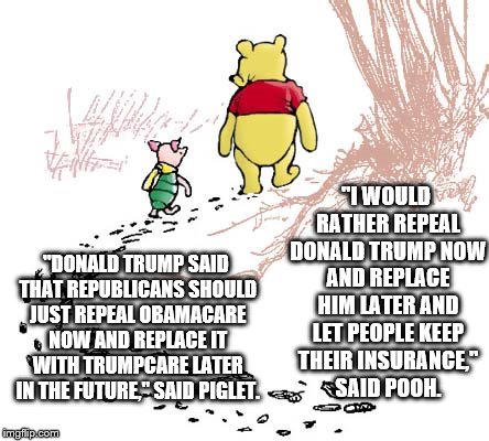 pooh | "I WOULD RATHER REPEAL DONALD TRUMP NOW AND REPLACE HIM LATER AND LET PEOPLE KEEP THEIR INSURANCE," SAID POOH. "DONALD TRUMP SAID THAT REPUBLICANS SHOULD JUST REPEAL OBAMACARE NOW AND REPLACE IT WITH TRUMPCARE LATER IN THE FUTURE," SAID PIGLET. | image tagged in pooh | made w/ Imgflip meme maker
