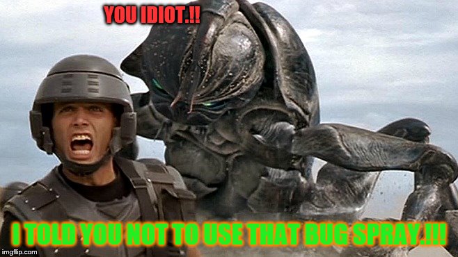 YOU IDIOT.!! I TOLD YOU NOT TO USE THAT BUG SPRAY.!!! | image tagged in starship troopers big bug | made w/ Imgflip meme maker