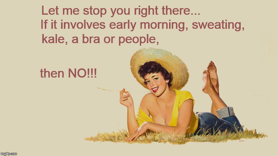 If it involves early morning, sweating, Let me stop you right there... kale, a bra or people, then NO!!! | image tagged in early,morning,kale,bra,sweat,no | made w/ Imgflip meme maker