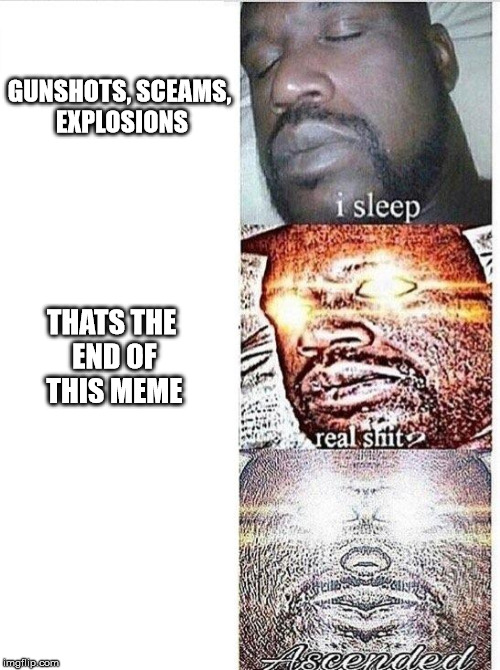 The End | GUNSHOTS,
SCEAMS, EXPLOSIONS; THATS THE END OF THIS MEME | image tagged in i sleep meme with ascended template | made w/ Imgflip meme maker