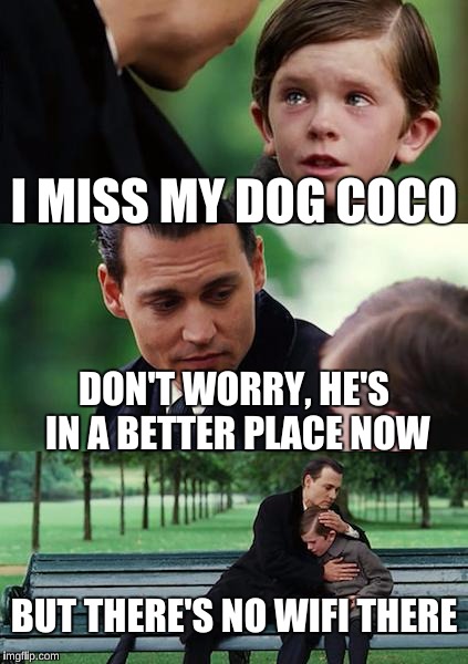 Finding Neverland Meme | I MISS MY DOG COCO; DON'T WORRY, HE'S IN A BETTER PLACE NOW; BUT THERE'S NO WIFI THERE | image tagged in memes,finding neverland | made w/ Imgflip meme maker