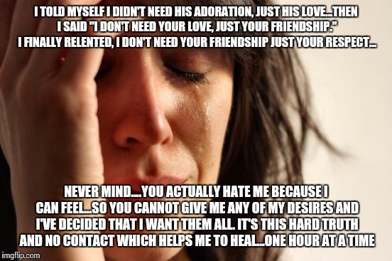 First World Problems Meme | I TOLD MYSELF I DIDN'T NEED HIS ADORATION, JUST HIS LOVE...THEN I SAID "I DON'T NEED YOUR LOVE, JUST YOUR FRIENDSHIP." I FINALLY RELENTED, I DON'T NEED YOUR FRIENDSHIP JUST YOUR RESPECT... NEVER MIND....YOU ACTUALLY HATE ME BECAUSE I CAN FEEL...SO YOU CANNOT GIVE ME ANY OF MY DESIRES AND I'VE DECIDED THAT I WANT THEM ALL. IT'S THIS HARD TRUTH AND NO CONTACT WHICH HELPS ME TO HEAL...ONE HOUR AT A TIME | image tagged in memes,first world problems | made w/ Imgflip meme maker