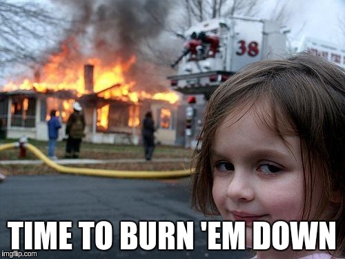 Disaster Girl Meme | TIME TO BURN 'EM DOWN | image tagged in memes,disaster girl | made w/ Imgflip meme maker
