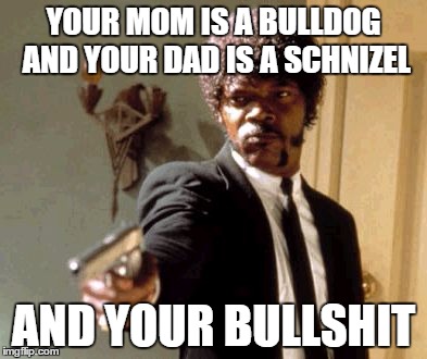 Say That Again I Dare You | YOUR MOM IS A BULLDOG AND YOUR DAD IS A SCHNIZEL; AND YOUR BULLSHIT | image tagged in memes,say that again i dare you | made w/ Imgflip meme maker