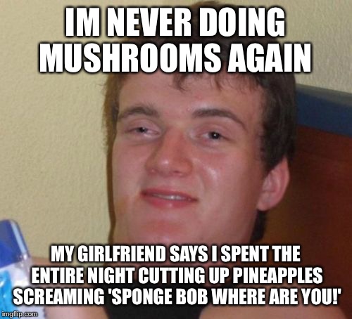 Not your  grandmas mushrooms  | IM NEVER DOING MUSHROOMS AGAIN; MY GIRLFRIEND SAYS I SPENT THE ENTIRE NIGHT CUTTING UP PINEAPPLES SCREAMING 'SPONGE BOB WHERE ARE YOU!' | image tagged in memes,10 guy,funny | made w/ Imgflip meme maker