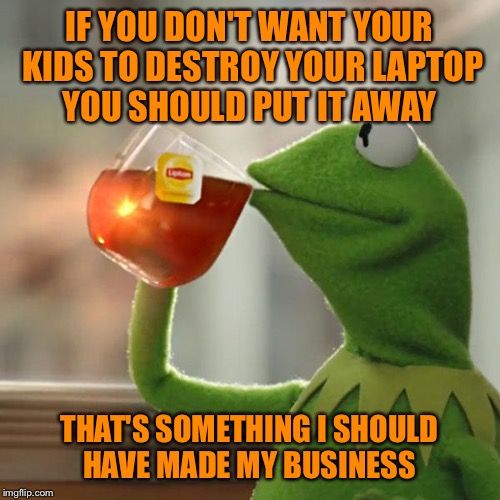 Someone should have informed my husband of this unspoken rule...another laptop bites the dust.... | IF YOU DON'T WANT YOUR KIDS TO DESTROY YOUR LAPTOP YOU SHOULD PUT IT AWAY; THAT'S SOMETHING I SHOULD HAVE MADE MY BUSINESS | image tagged in memes,but thats none of my business,kermit the frog | made w/ Imgflip meme maker