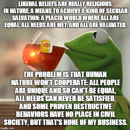 Our Divisions Are Not Political, They Are Religious | LIBERAL BELIEFS ARE REALLY RELIGIOUS IN NATURE, A MEANS TO ACHIEVE A KIND OF SECULAR SALVATION: A PLACID WORLD WHERE ALL ARE EQUAL, ALL NEEDS ARE MET, AND ALL ARE VALIDATED. THE PROBLEM IS THAT HUMAN NATURE WON'T COOPERATE: ALL PEOPLE ARE UNIQUE AND SO CAN'T BE EQUAL, ALL NEEDS CAN NEVER BE SATISFIED, AND SOME PROVEN DESTRUCTIVE BEHAVIORS HAVE NO PLACE IN CIVIL SOCIETY, BUT THAT'S NONE OF MY BUSINESS. | image tagged in memes,but thats none of my business,kermit the frog | made w/ Imgflip meme maker