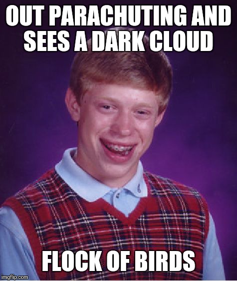 Bad Luck Brian Meme | OUT PARACHUTING AND SEES A DARK CLOUD; FLOCK OF BIRDS | image tagged in memes,bad luck brian | made w/ Imgflip meme maker