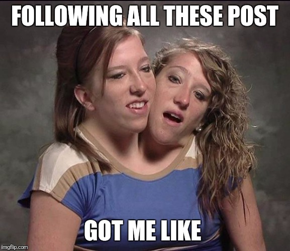 Conjoined twins | FOLLOWING ALL THESE POST; GOT ME LIKE | image tagged in conjoined twins | made w/ Imgflip meme maker