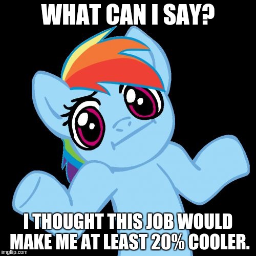 Pony Shrugs Meme | WHAT CAN I SAY? I THOUGHT THIS JOB WOULD MAKE ME AT LEAST 20% COOLER. | image tagged in memes,pony shrugs | made w/ Imgflip meme maker