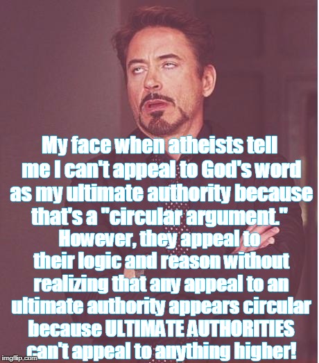 Plus they don't realize that the Bible =/= a single book, has 40 authors, was written over 1,500 years, and across 3 continents  | My face when atheists tell me I can't appeal to God's word as my ultimate authority because that's a "circular argument."; However, they appeal to their logic and reason without realizing that any appeal to an ultimate authority appears circular because ULTIMATE AUTHORITIES can't appeal to anything higher! | image tagged in memes,face you make robert downey jr,atheists,christians,bible,circular argument | made w/ Imgflip meme maker
