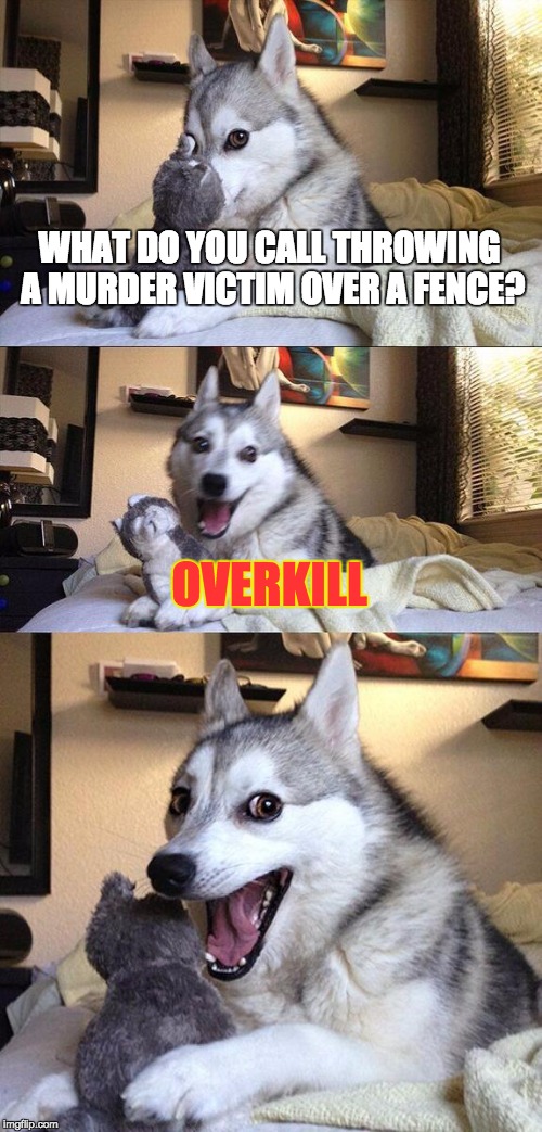 WARNING: This pun is a form of dark humor. | WHAT DO YOU CALL THROWING A MURDER VICTIM OVER A FENCE? OVERKILL | image tagged in memes,bad pun dog,overkill,potentially nsfw | made w/ Imgflip meme maker