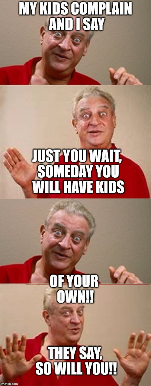 I tell you I gets no respect at all, just the other day... | MY KIDS COMPLAIN AND I SAY; JUST YOU WAIT, SOMEDAY YOU WILL HAVE KIDS; OF YOUR OWN!! THEY SAY, SO WILL YOU!! | image tagged in rodney dangerfield,no respect,at all,boy are they ungrateful,funny,memes | made w/ Imgflip meme maker