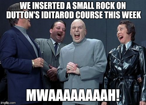 Laughing Villains Meme | WE INSERTED A SMALL ROCK ON DUTTON'S IDITAROD COURSE THIS WEEK; MWAAAAAAAAH! | image tagged in memes,laughing villains | made w/ Imgflip meme maker