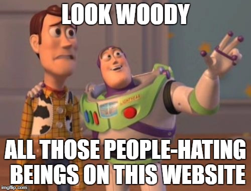 X, X Everywhere Meme | LOOK WOODY; ALL THOSE PEOPLE-HATING BEINGS ON THIS WEBSITE | image tagged in memes,x x everywhere | made w/ Imgflip meme maker