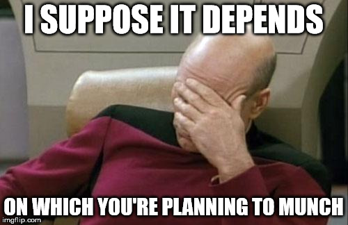 Captain Picard Facepalm Meme | I SUPPOSE IT DEPENDS ON WHICH YOU'RE PLANNING TO MUNCH | image tagged in memes,captain picard facepalm | made w/ Imgflip meme maker