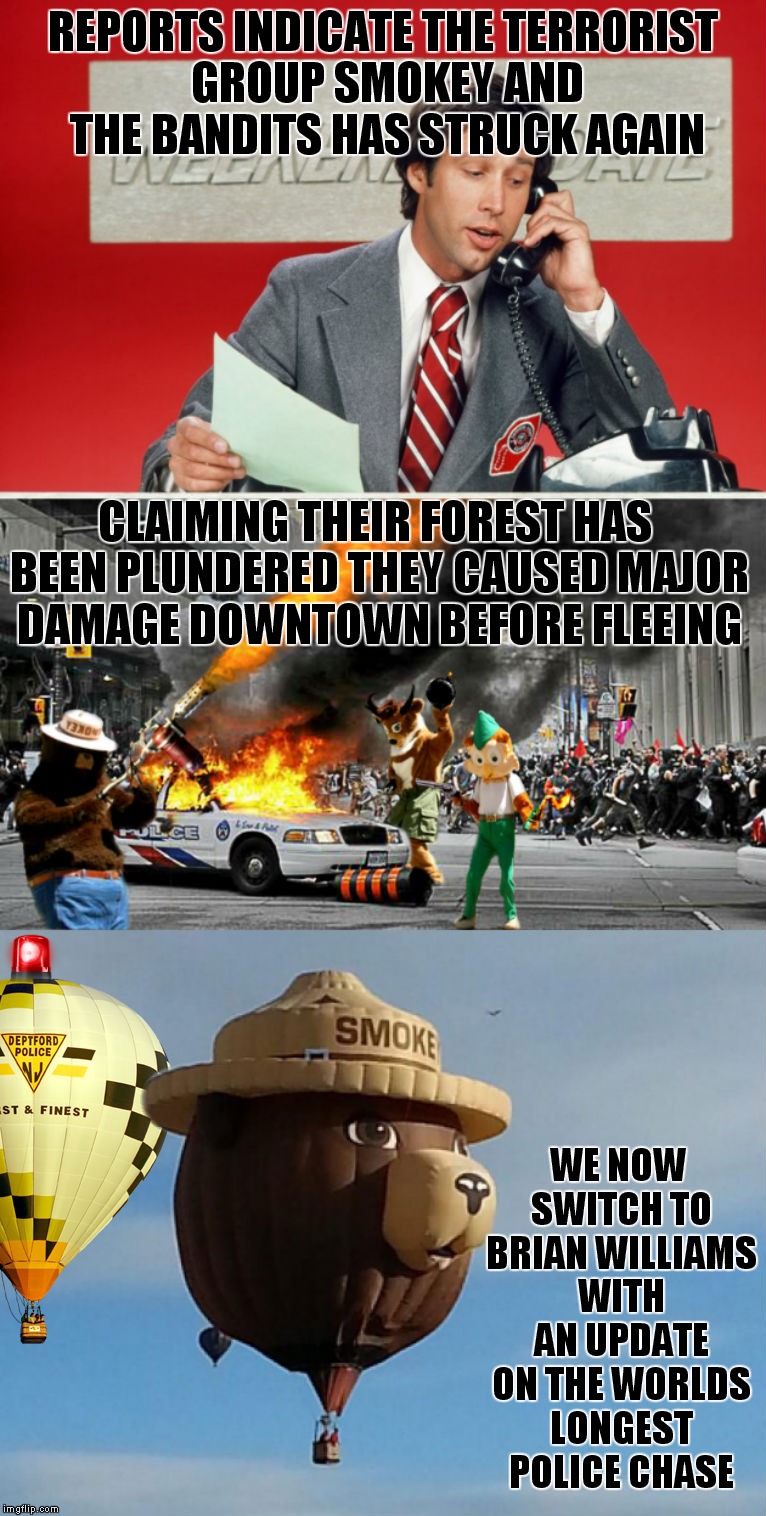 My fake news is more entertaining... | REPORTS INDICATE THE TERRORIST GROUP SMOKEY AND THE BANDITS HAS STRUCK AGAIN; CLAIMING THEIR FOREST HAS BEEN PLUNDERED THEY CAUSED MAJOR DAMAGE DOWNTOWN BEFORE FLEEING; WE NOW SWITCH TO BRIAN WILLIAMS WITH AN UPDATE ON THE WORLDS LONGEST POLICE CHASE | image tagged in fake news | made w/ Imgflip meme maker