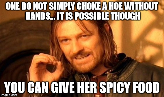 One Does Not Simply Meme | ONE DO NOT SIMPLY CHOKE A HOE WITHOUT HANDS... IT IS POSSIBLE THOUGH; YOU CAN GIVE HER SPICY FOOD | image tagged in memes,one does not simply | made w/ Imgflip meme maker