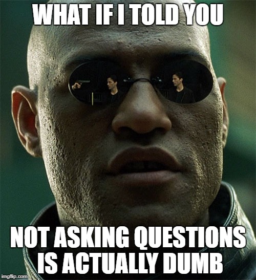 real talk | WHAT IF I TOLD YOU; NOT ASKING QUESTIONS IS ACTUALLY DUMB | image tagged in so true | made w/ Imgflip meme maker