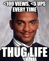 I don't always complain about imgflip invisibility, but when I do I use a smirking black man | <100 VIEWS, <5 UPS; EVERY TIME; THUG LIFE | image tagged in thug life,memes,imgflip | made w/ Imgflip meme maker