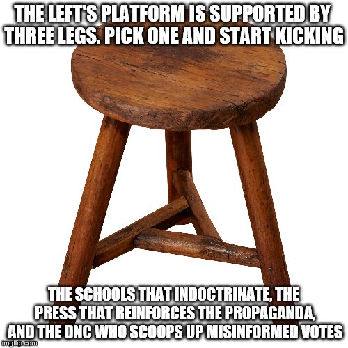 One broken leg will topple the left | THE LEFT'S PLATFORM IS SUPPORTED BY THREE LEGS. PICK ONE AND START KICKING; THE SCHOOLS THAT INDOCTRINATE, THE PRESS THAT REINFORCES THE PROPAGANDA, AND THE DNC WHO SCOOPS UP MISINFORMED VOTES | image tagged in patriotism | made w/ Imgflip meme maker