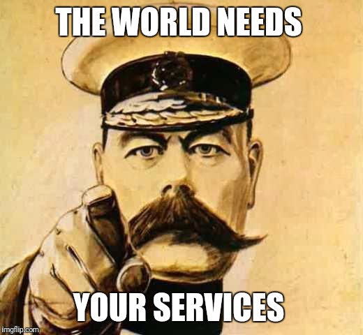 Your Country Needs YOU | THE WORLD NEEDS; YOUR SERVICES | image tagged in your country needs you | made w/ Imgflip meme maker