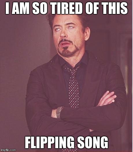 Face You Make Robert Downey Jr Meme | I AM SO TIRED OF THIS FLIPPING SONG | image tagged in memes,face you make robert downey jr | made w/ Imgflip meme maker