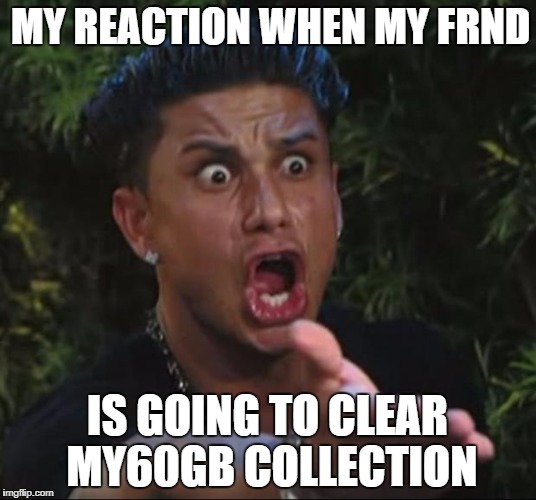 DJ Pauly D Meme | MY REACTION WHEN MY FRND; IS GOING TO CLEAR MY60GB COLLECTION | image tagged in memes,dj pauly d | made w/ Imgflip meme maker