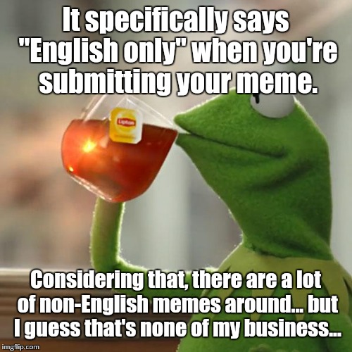 I mean, someone needs to approve them, right? | It specifically says "English only" when you're submitting your meme. Considering that, there are a lot of non-English memes around... but I guess that's none of my business... | image tagged in memes,but thats none of my business,kermit the frog | made w/ Imgflip meme maker