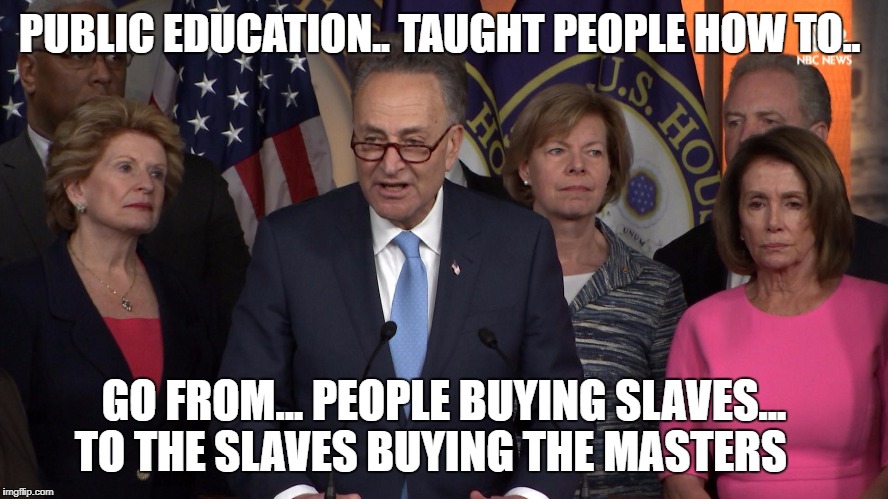 Democrat congressmen | PUBLIC EDUCATION.. TAUGHT PEOPLE HOW TO.. GO FROM... PEOPLE BUYING SLAVES... TO THE SLAVES BUYING THE MASTERS | image tagged in democrat congressmen | made w/ Imgflip meme maker