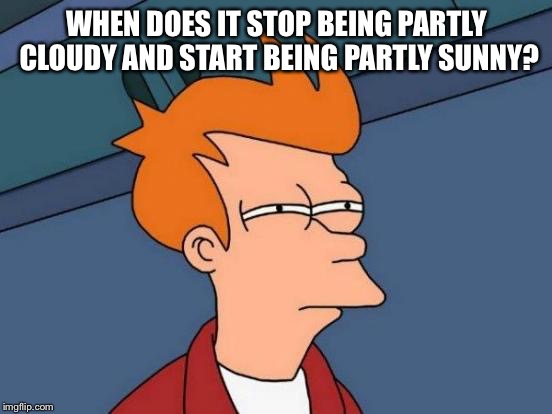 Futurama Fry Meme | WHEN DOES IT STOP BEING PARTLY CLOUDY AND START BEING PARTLY SUNNY? | image tagged in memes,futurama fry | made w/ Imgflip meme maker