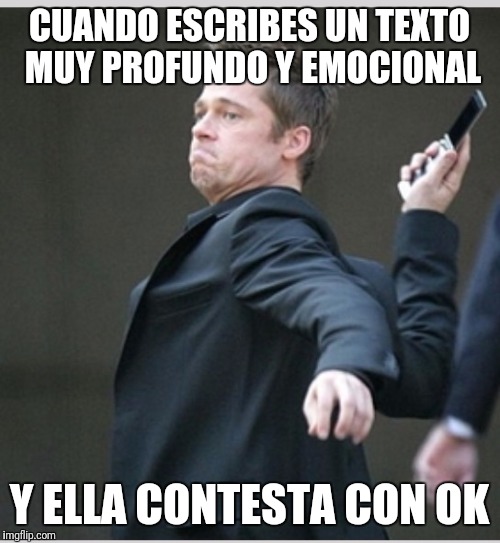 Brad Pitt throwing phone | CUANDO ESCRIBES UN TEXTO MUY PROFUNDO Y EMOCIONAL; Y ELLA CONTESTA CON OK | image tagged in brad pitt throwing phone | made w/ Imgflip meme maker