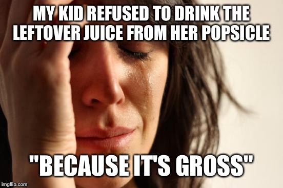 First World Problems | MY KID REFUSED TO DRINK THE LEFTOVER JUICE FROM HER POPSICLE; "BECAUSE IT'S GROSS" | image tagged in memes,first world problems | made w/ Imgflip meme maker