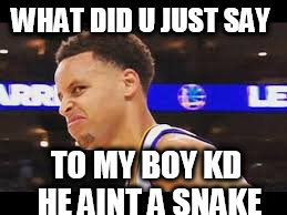 steph Curry funny | WHAT DID U JUST SAY; TO MY BOY KD HE AINT A SNAKE | image tagged in steph curry funny | made w/ Imgflip meme maker
