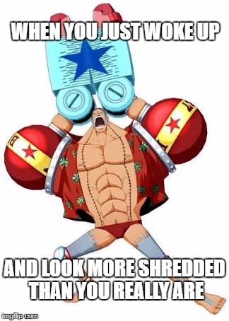Franky One Piece | WHEN YOU JUST WOKE UP; AND LOOK MORE SHREDDED THAN YOU REALLY ARE | image tagged in franky one piece | made w/ Imgflip meme maker