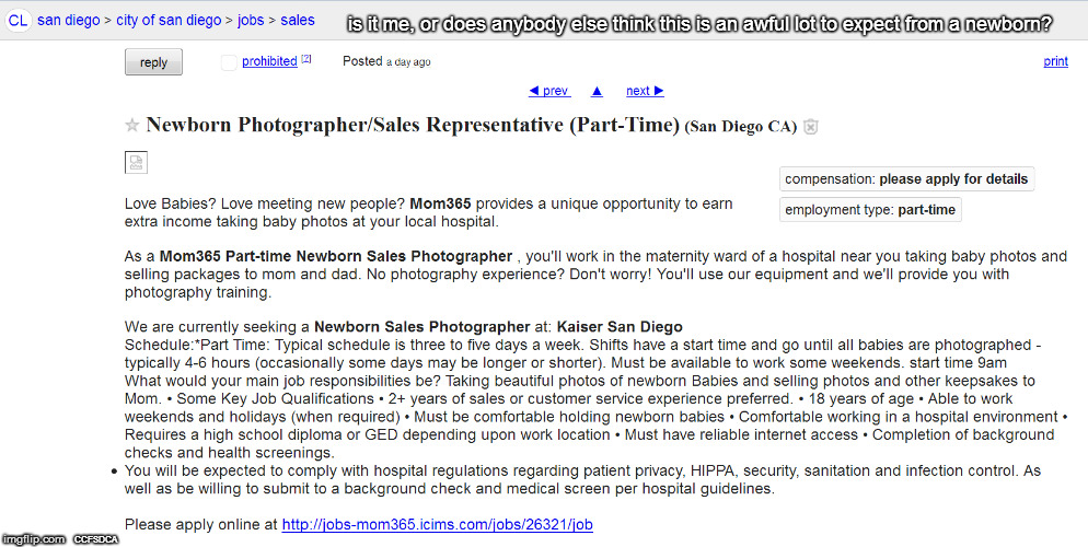Want Ad Newborn Photographer Wanted | is it me, or does anybody else think this is an awful lot to expect from a newborn? CCFSDCA | image tagged in job,ad | made w/ Imgflip meme maker