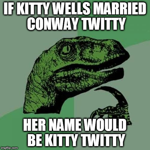 Philosoraptor | IF KITTY WELLS MARRIED CONWAY TWITTY; HER NAME WOULD BE KITTY TWITTY | image tagged in memes,philosoraptor | made w/ Imgflip meme maker