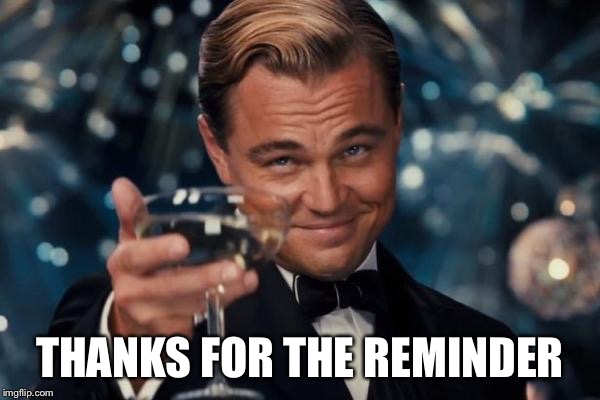 Leonardo Dicaprio Cheers Meme | THANKS FOR THE REMINDER | image tagged in memes,leonardo dicaprio cheers | made w/ Imgflip meme maker