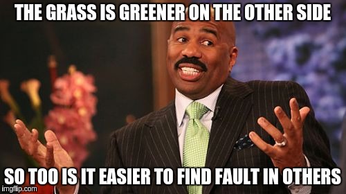 THE GRASS IS GREENER ON THE OTHER SIDE SO TOO IS IT EASIER TO FIND FAULT IN OTHERS | image tagged in memes,steve harvey | made w/ Imgflip meme maker