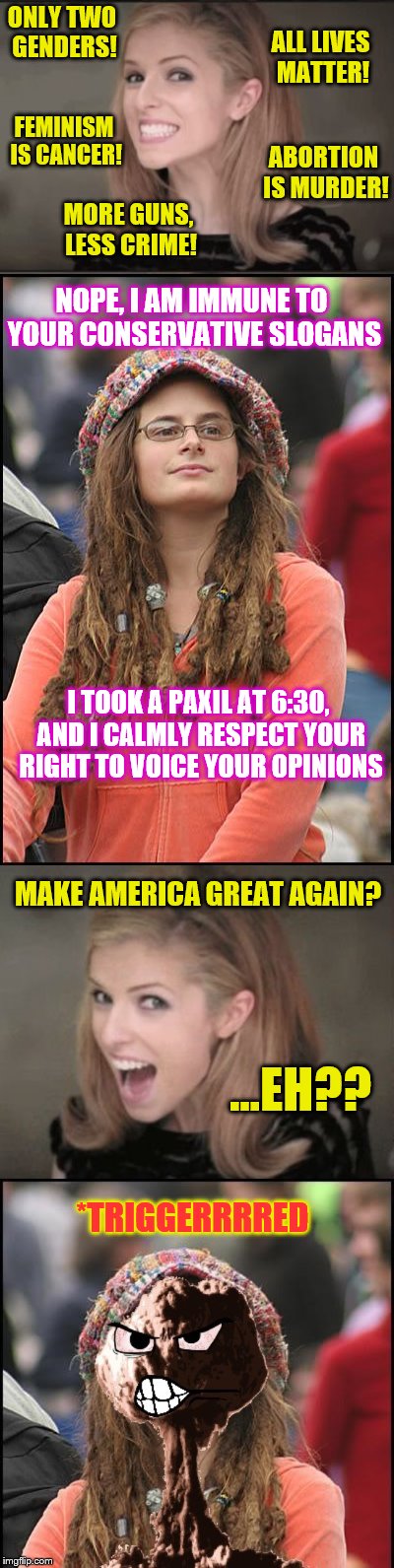 The Anna Kendrick Challenge | ONLY TWO GENDERS! ALL LIVES MATTER! FEMINISM IS CANCER! ABORTION IS MURDER! MORE GUNS, LESS CRIME! NOPE, I AM IMMUNE TO YOUR CONSERVATIVE SLOGANS; I TOOK A PAXIL AT 6:30, AND I CALMLY RESPECT YOUR RIGHT TO VOICE YOUR OPINIONS; MAKE AMERICA GREAT AGAIN? ...EH?? *TRIGGERRRRED | image tagged in memes,funny,phunny,anna kendrick,college liberal | made w/ Imgflip meme maker