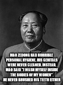 MAO ZEDONG HAD HORRIBLE PERSONAL HYGIENE. HIS GENITALS WERE NEVER CLEANED. INSTEAD, MAO SAID "I WASH MYSELF INSIDE THE BODIES OF MY WOMEN". HE NEVER BRUSHED HIS TEETH EITHER | image tagged in mao zedong | made w/ Imgflip meme maker