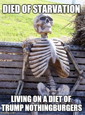 Waiting Skeleton Meme | DIED OF STARVATION; LIVING ON A DIET OF TRUMP NOTHINGBURGERS | image tagged in memes,waiting skeleton | made w/ Imgflip meme maker