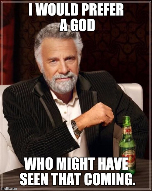 The Most Interesting Man In The World Meme | I WOULD PREFER A GOD WHO MIGHT HAVE SEEN THAT COMING. | image tagged in memes,the most interesting man in the world | made w/ Imgflip meme maker