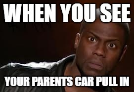 Kevin Hart | WHEN YOU SEE; YOUR PARENTS CAR PULL IN | image tagged in memes,kevin hart the hell | made w/ Imgflip meme maker