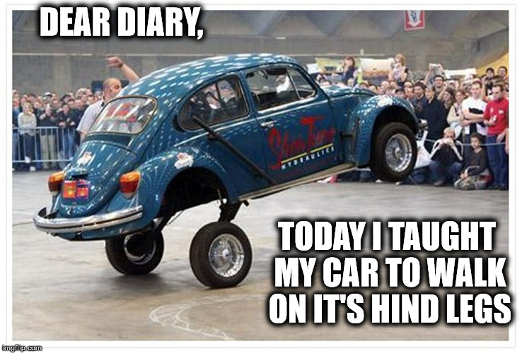 Next week, I'll train it to fetch my slippers. | DEAR DIARY, TODAY I TAUGHT MY CAR TO WALK ON IT'S HIND LEGS | image tagged in memes,volkswagon,car trick | made w/ Imgflip meme maker