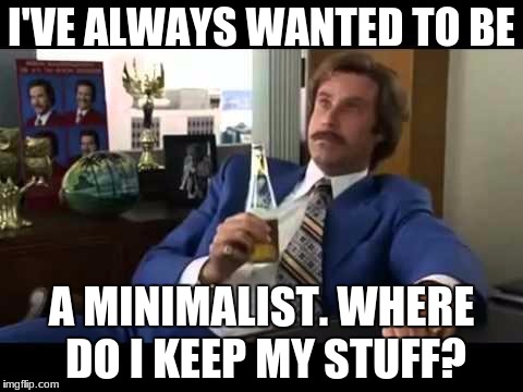Well That Escalated Quickly | I'VE ALWAYS WANTED TO BE; A MINIMALIST. WHERE DO I KEEP MY STUFF? | image tagged in memes,well that escalated quickly | made w/ Imgflip meme maker